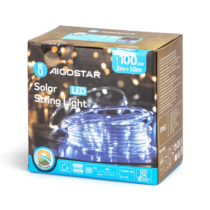 Aigostar - saules LED Ziemassvētku virtene 100xLED/8 režīmi 12m IP65 auksti balta 800 mAh