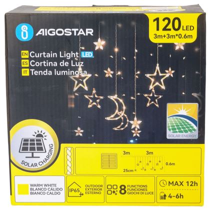 Aigostar - LED saules Ziemassvētku virtene 120xLED/8 režīmi 3x0,6m 500 mAh IP65 silti balta