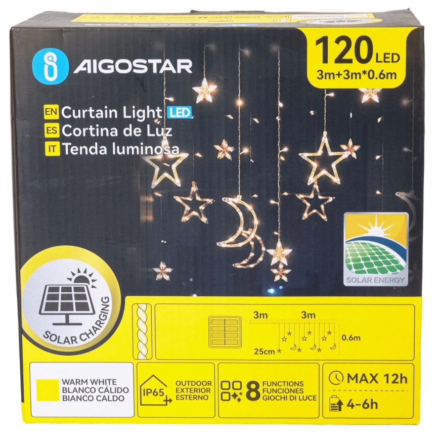 Aigostar - LED saules Ziemassvētku virtene 120xLED/8 režīmi 3x0,6m 500 mAh IP65 silti balta