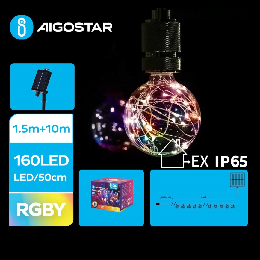 Aigostar - LED Saules Ziemassvētku virtene 20xLED/8 funkcijas 11,5m IP65 daudzkrāsains