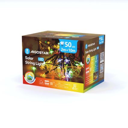 Aigostar - LED Saules Ziemassvētku virtene 50xLED/8 funkcijas 800 mAh 12m IP65 daudzkrāsains