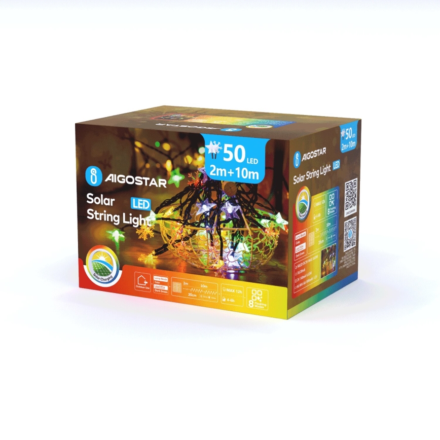 Aigostar - LED Saules Ziemassvētku virtene 50xLED/8 funkcijas 800 mAh 12m IP65 daudzkrāsains
