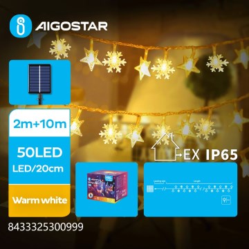 Aigostar - LED saules Ziemassvētku virtene 50xLED/8 funkcijas 12m 800mAh IP65 silti balta