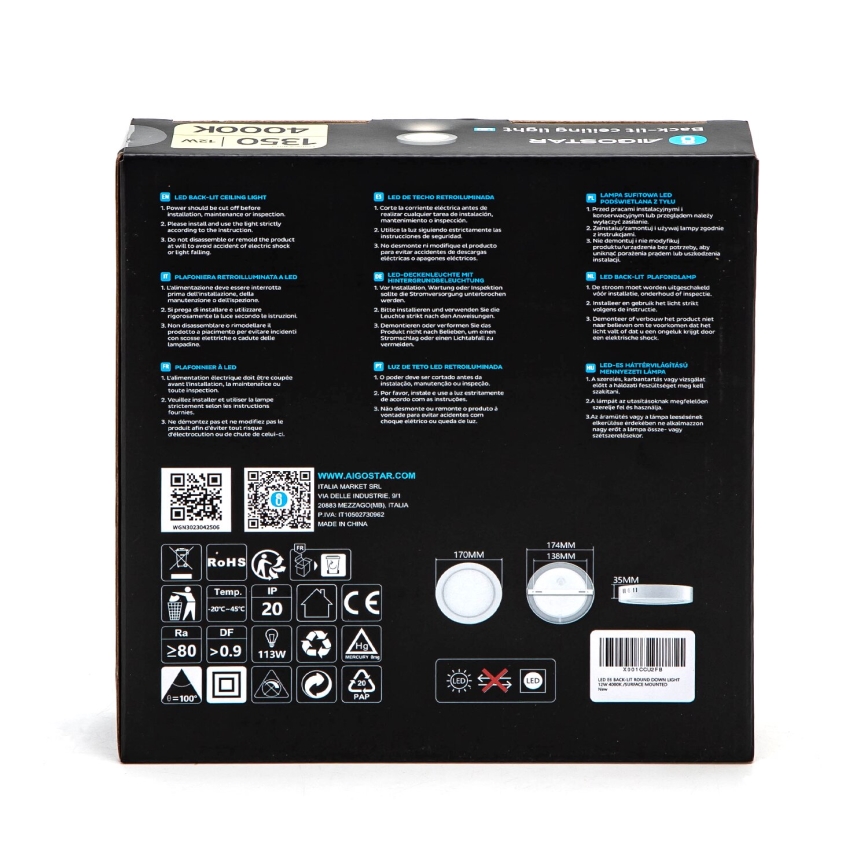 Aigostar - LED Virsapmetuma griestu lampa LED/12W/230V d. 17,4 cm 4000K balta