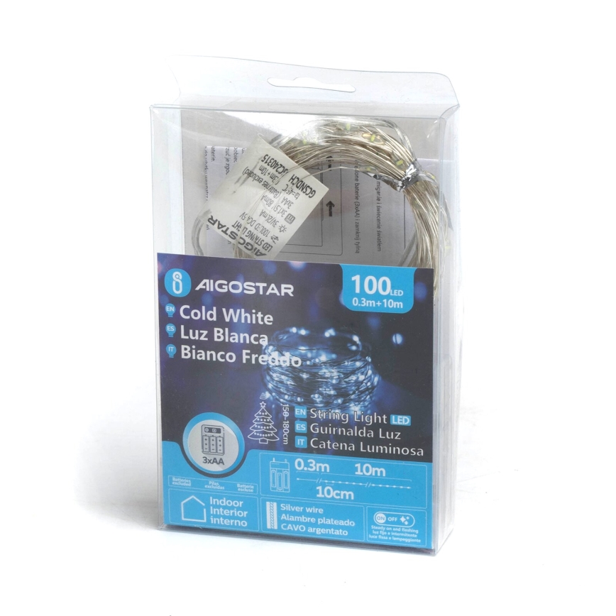 Aigostar - LED virtene, 100 LED/3xAA, 10,3 m, auksti balta