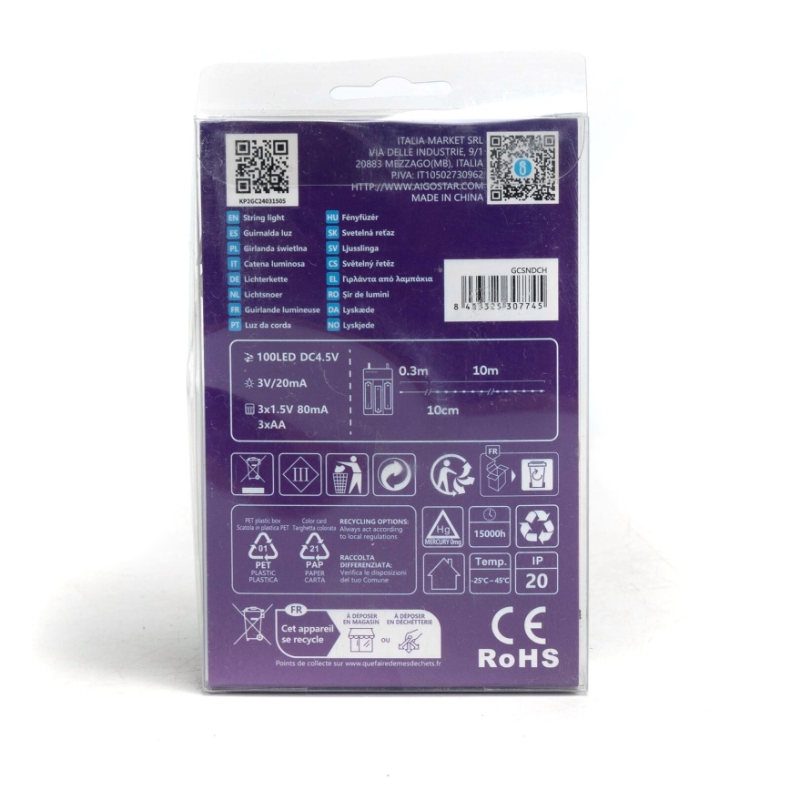 Aigostar - LED virtene, 100 LED/3xAA, 10,3 m, auksti balta