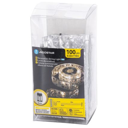 Aigostar - LED virtene 100xLED/3xAA 10 m silti balta sudraba
