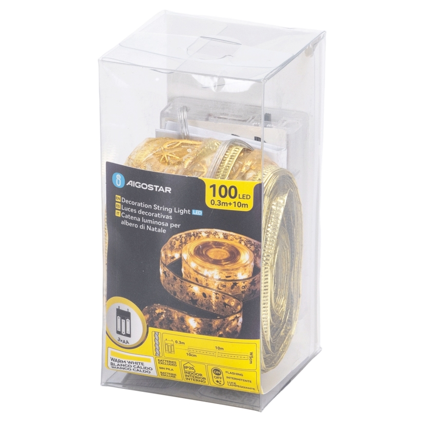Aigostar - LED virtene 100xLED/3xAA, 10 m, silti balta, zelta