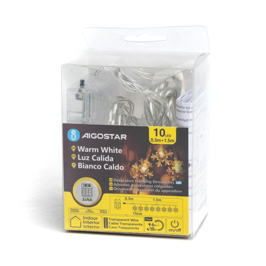 Aigostar - LED virtene 10xLED/3xAA 1,5m silti balta sniegpārslas