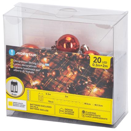 Aigostar - LED virtene 20xLED/3xAA 2m silti balta