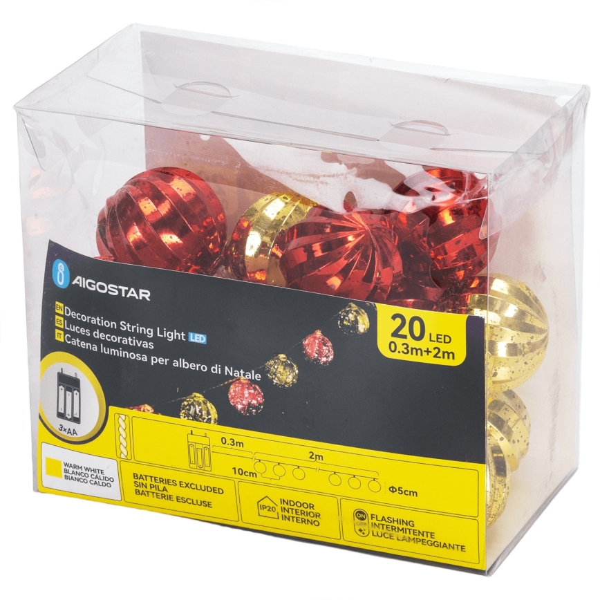 Aigostar - LED virtene 20xLED/3xAA 2 m siltā baltā