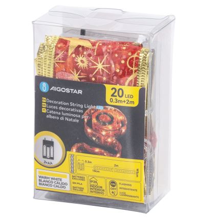 Aigostar – LED virtene, 20 LED, 3×AA, 2 m, siltā balta / sarkana