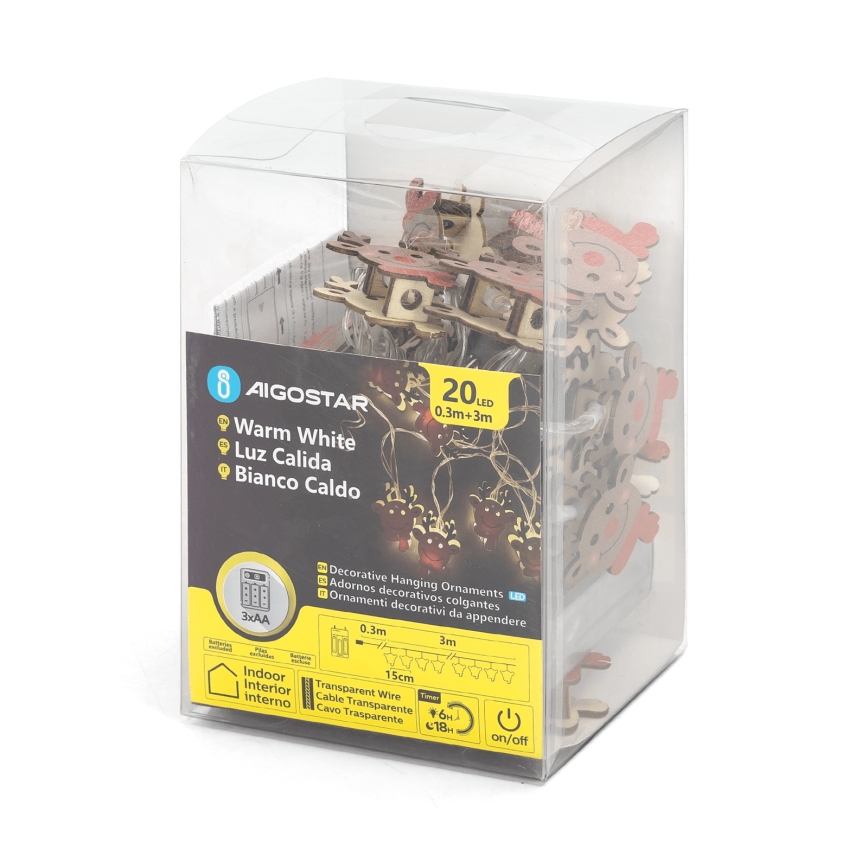 Aigostar - LED virtene 20xLED/3xAA, 3 m, silti balta, ziemeļbriedis