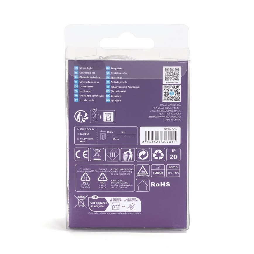 Aigostar - LED  virtene 50xLED/3xAA 5,3m auksti balta