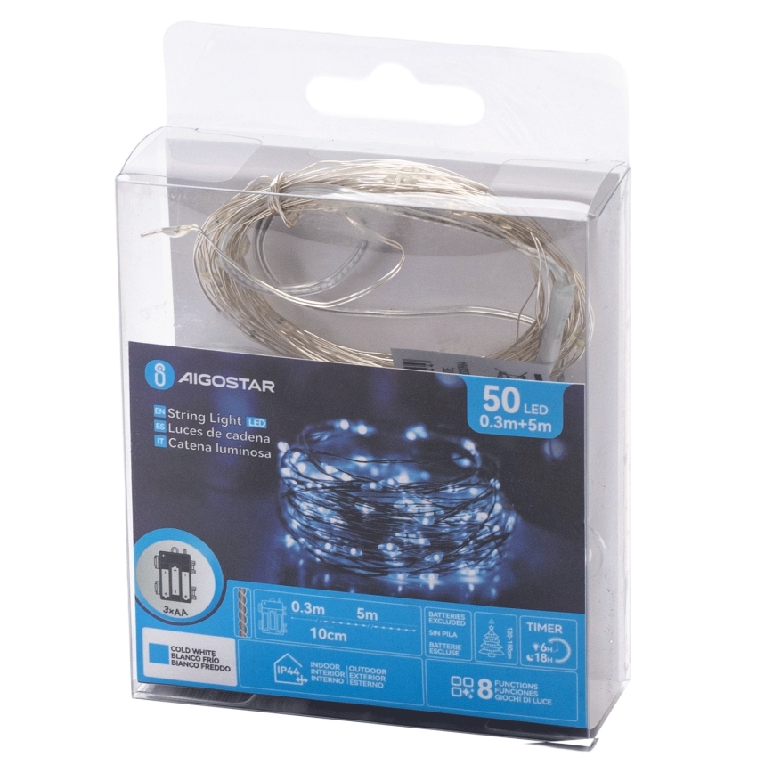 Aigostar - LED āra virtene 50 LED/3xAA IP44 5,3 m auksti balta