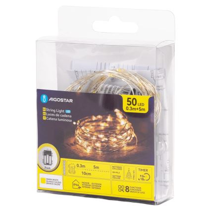 Aigostar - LED āra gaismas virtene 50xLED/8 režīmi 3xAA 5,3 m silti balta
