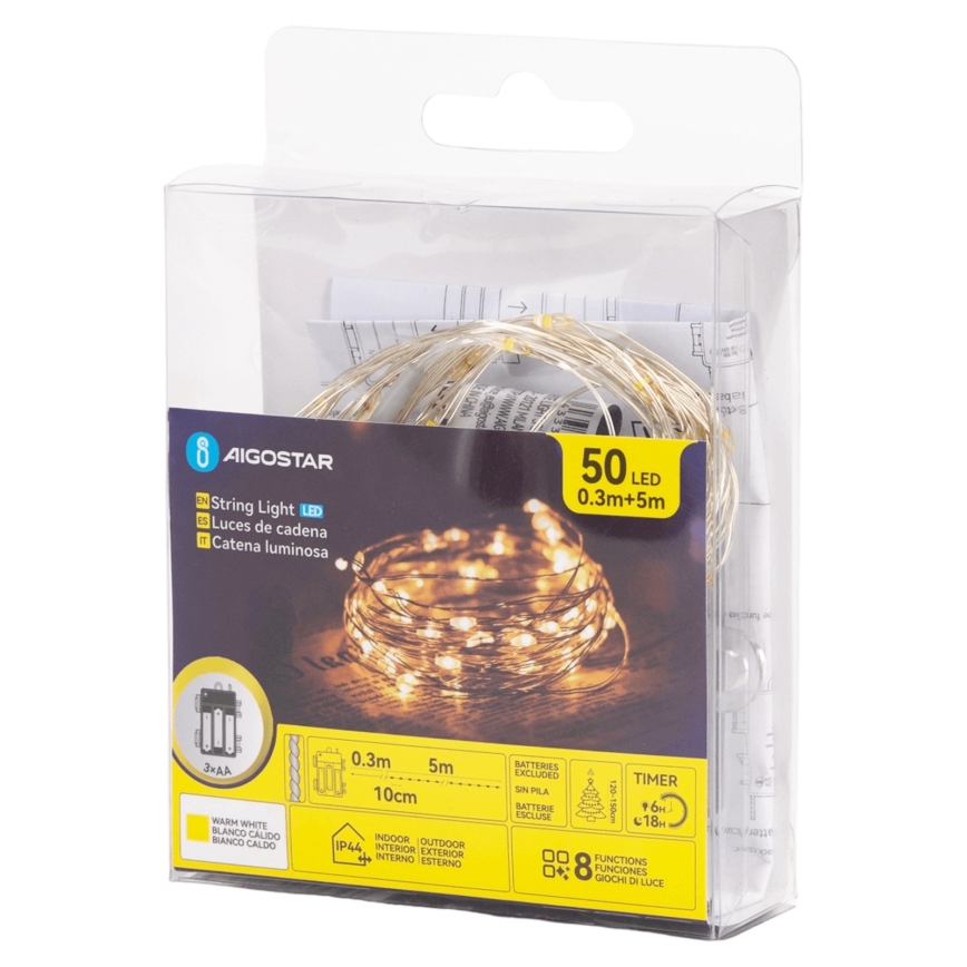 Aigostar - LED āra gaismas virtene 50xLED/8 režīmi 3xAA 5,3 m silti balta