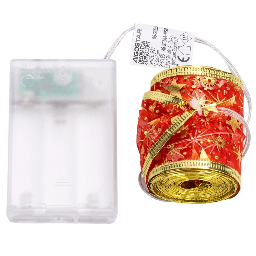 Aigostar - LED virtene 50xLED/3xAA 5m siltā balta un sarkana