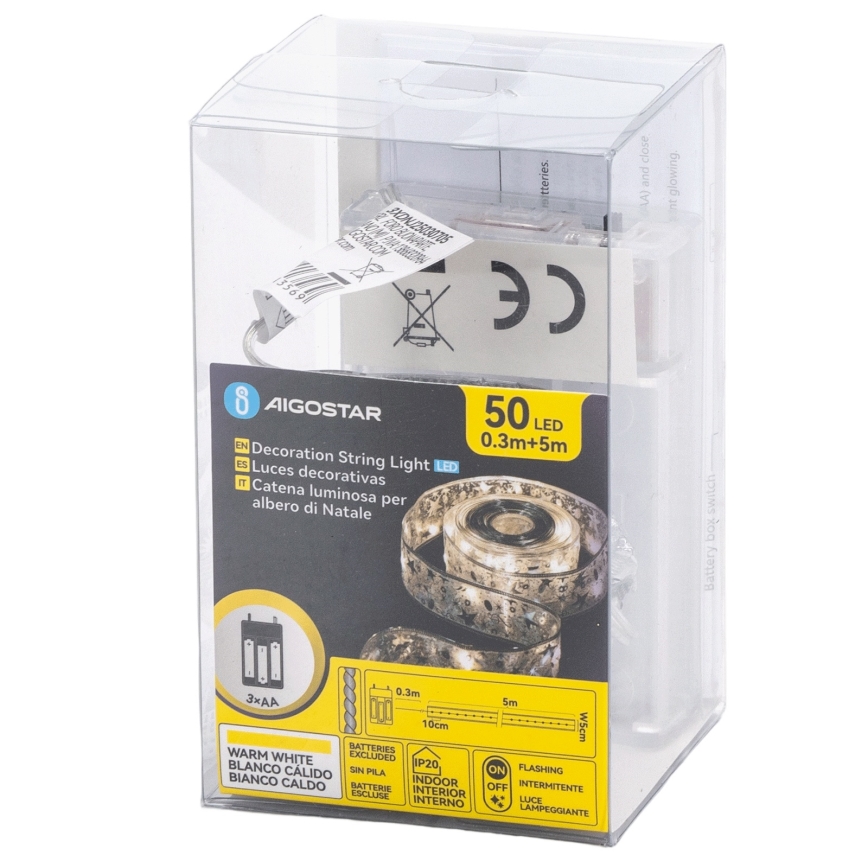 Aigostar - LED  virtene 50xLED/3xAA 5 m silti balta sudraba