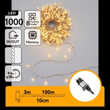 Aigostar - LED Ziemassvētku āra virtene 1000xLED/8 režīmi 103 m IP44 siltā balta