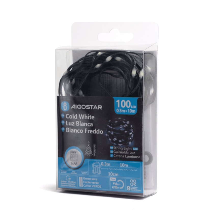 Aigostar - LED Ziemassvētku āra virtene 100xLED/8 funkcijas 10,3m IP44 vēsi balts
