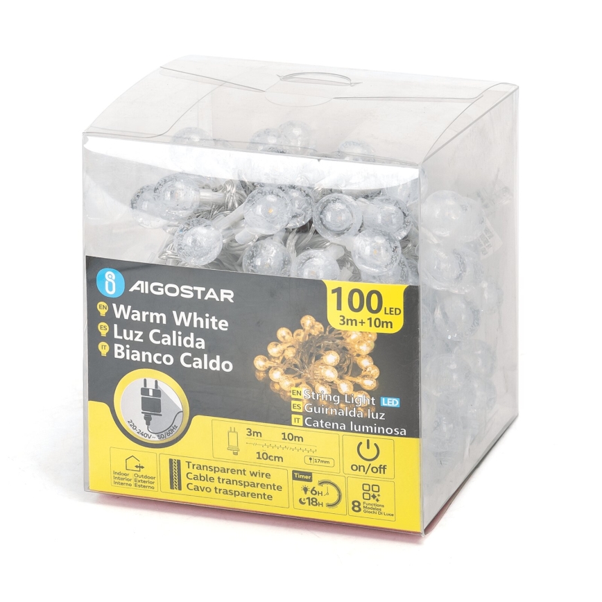 Aigostar - LED Ziemassvētku āra virtene 100xLED/8 funkcijas 13m IP44 silti balta