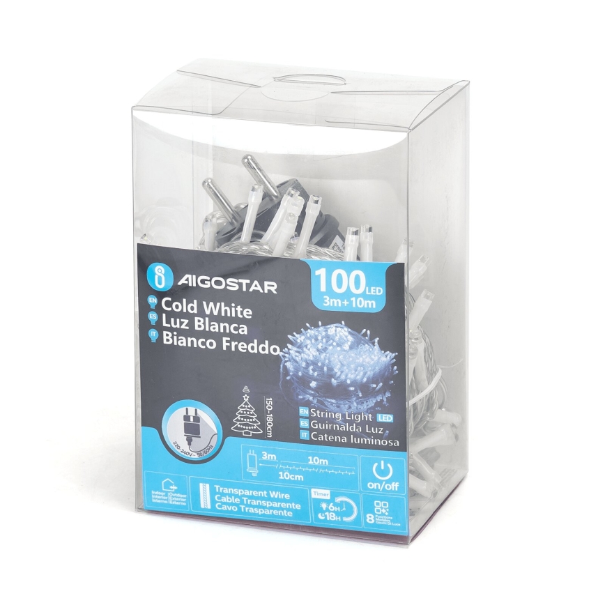 Aigostar - LED Ziemassvētku āra virtene 100xLED/8 funkcijas 13m IP44 vēsi balts