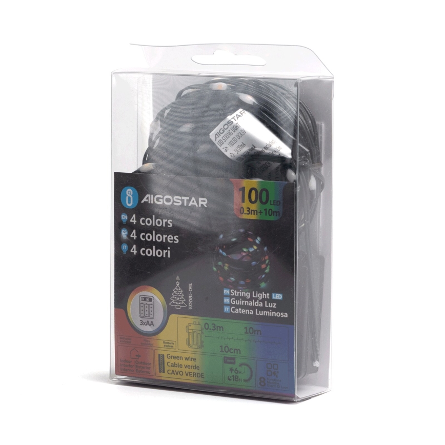 Aigostar-LED Ziemassvētku āra virtene 100xLED/8 funkcijas 3xAA 10,3m IP44 daudzkrāsaina