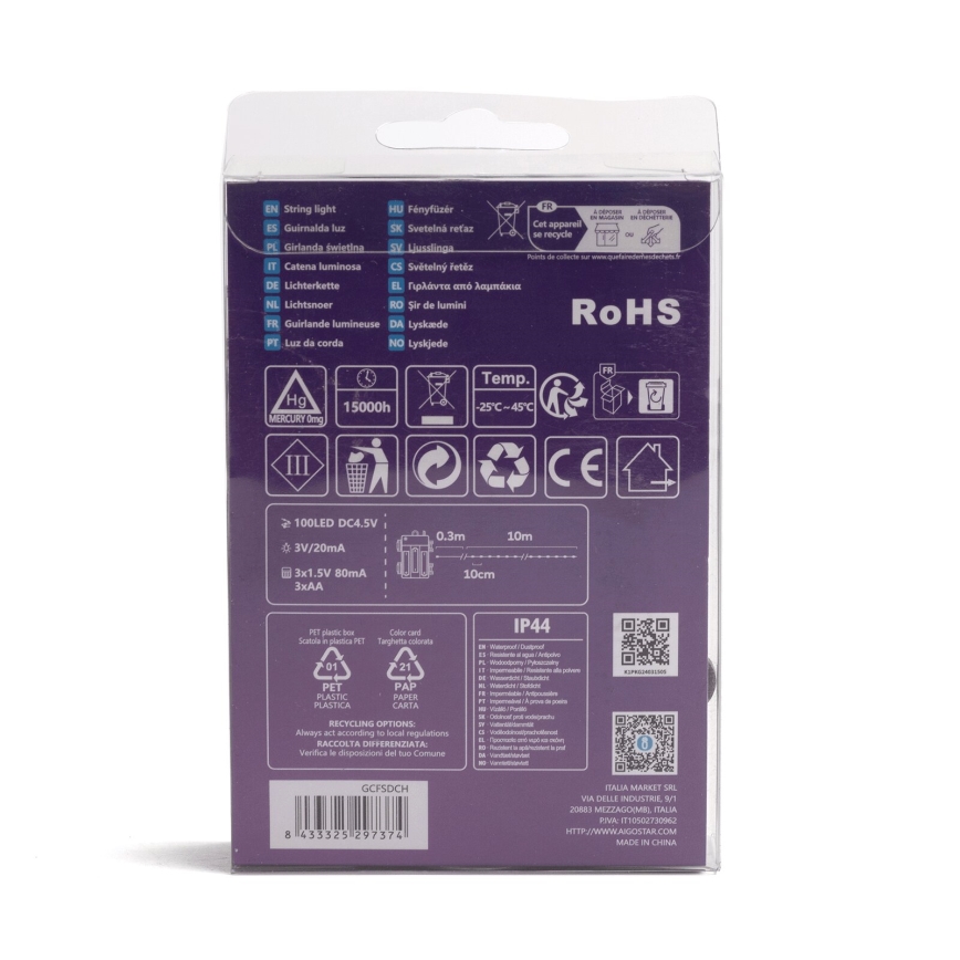 Aigostar-LED Ziemassvētku āra virtene 100xLED/8 funkcijas 3xAA 10,3m IP44 daudzkrāsaina