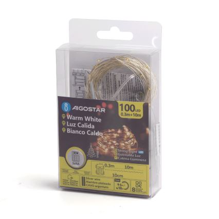 Aigostar -LED Ziemassvētku āra virtene 100xLED/8 funkcijas 3xAA 10,3m IP44 silti balta