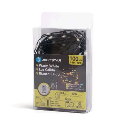 Aigostar - LED Ziemassvētku āra virtene 100xLED/8 funkcijas 3xAA 10,3m IP44 silti balta
