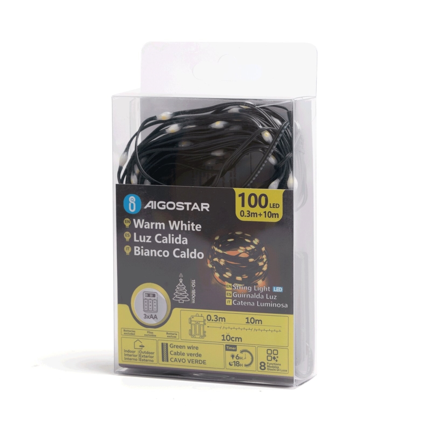 Aigostar - LED Ziemassvētku āra virtene 100xLED/8 funkcijas 3xAA 10,3m IP44 silti balta