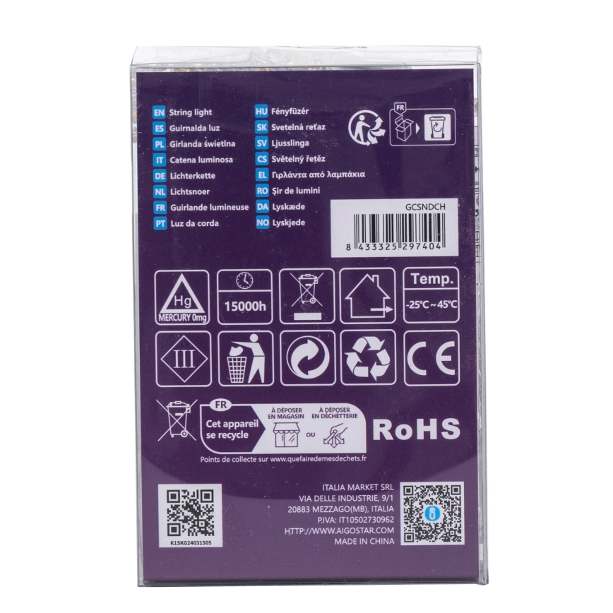 Aigostar -LED Ziemassvētku āra virtene 100xLED/8 funkcijas 3xAA 10,3m IP44 silti balta