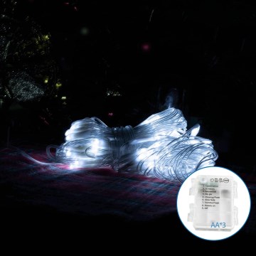 Aigostar -LED Ziemassvētku āra virtene 100xLED/8 funkcijas/3xAA 4,5x1,5m IP44 vēsi balts