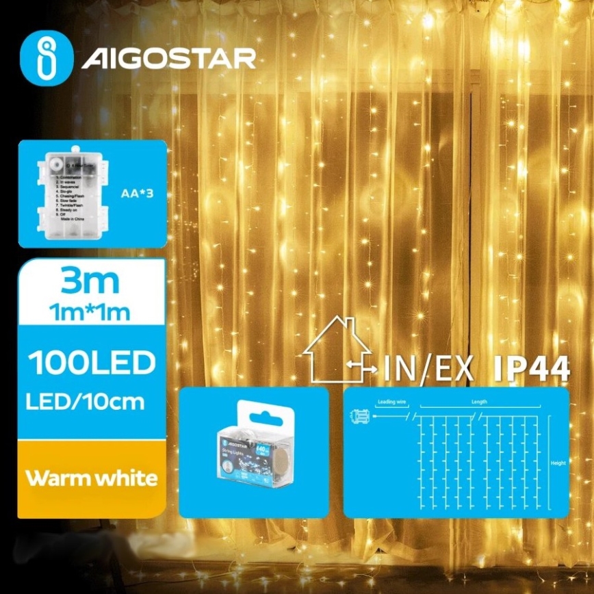 Aigostar - LED Ziemassvētku āra virtene 100xLED/8 funkcijas 3xAA 4x1m IP44 silti balta