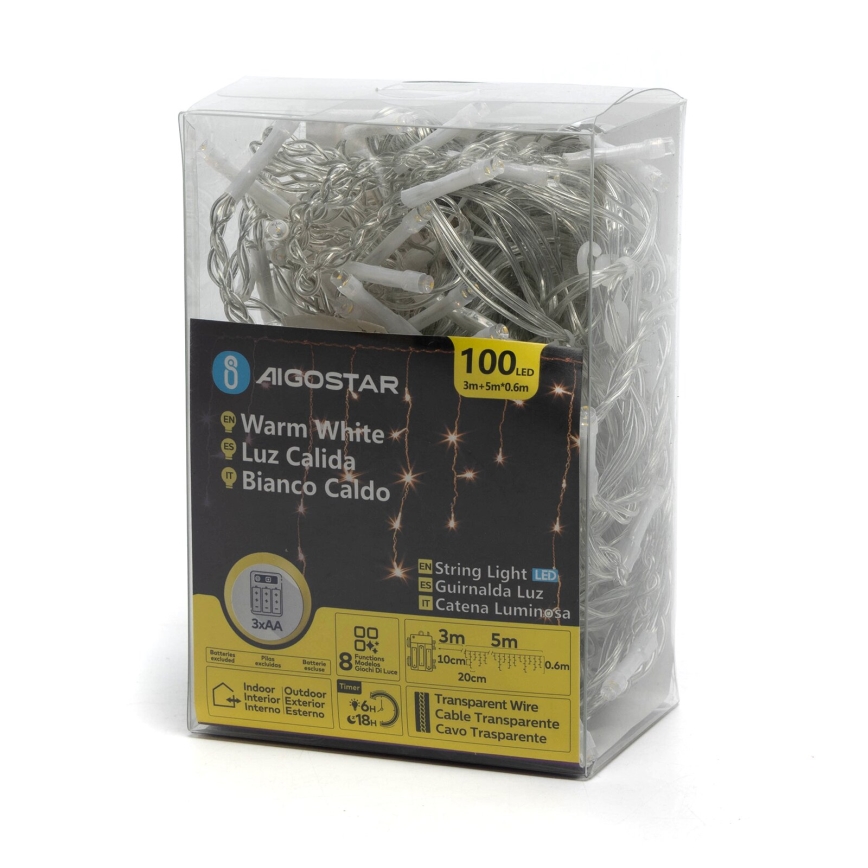 Aigostar-LED Ziemassvētku āra virtene 100xLED/8 funkcijas 3xAA 8x0,6m IP44 silti balta