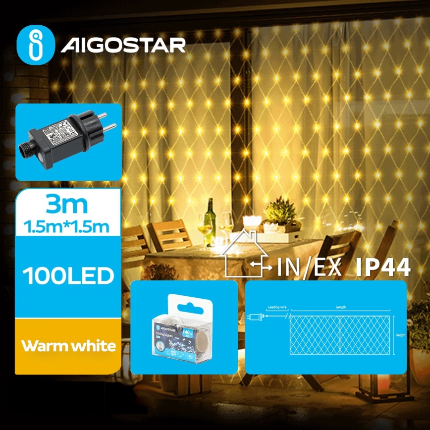 Aigostar - LED Ziemassvētku āra virtene 100xLED/8 funkcijas 4,5x1,5m IP44 silti balta