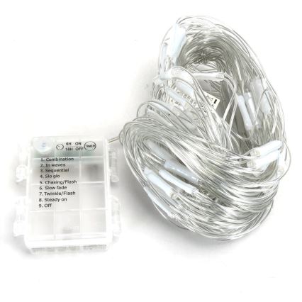 Aigostar -LED Ziemassvētku āra virtene 100xLED/8 funkcijas/3xAA 4,5x1,5m IP44 vēsi balts