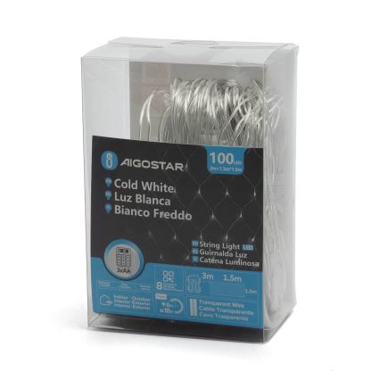 Aigostar -LED Ziemassvētku āra virtene 100xLED/8 funkcijas/3xAA 4,5x1,5m IP44 vēsi balts