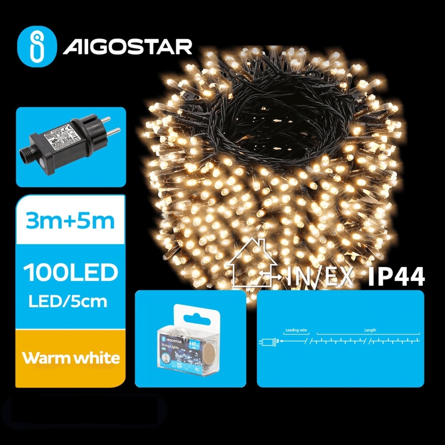 Aigostar - LED Ziemassvētku āra virtene 100xLED/8 funkcijas 8m IP44 silti balta