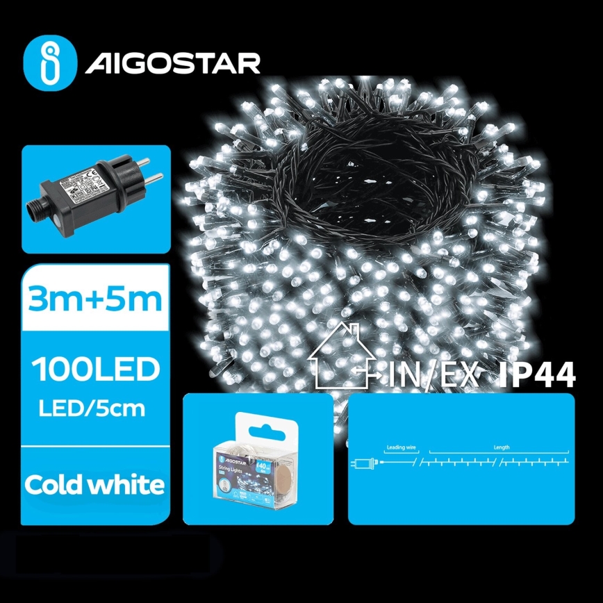 Aigostar - LED Ziemassvētku āra virtene 100xLED/8 funkcijas 8m IP44 vēsi balts