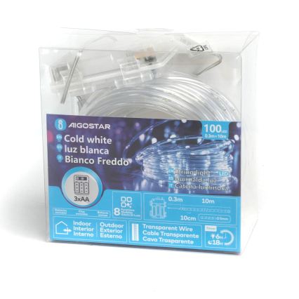 Aigostar - Āra Ziemassvētku LED virtene 100xLED/8 režīmi 3xAA 10,3m IP44 auksti balta