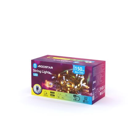 Aigostar - LED āra ziemassvētku virtene 150xLED/8 funkcijas 18m IP44 silti balta/auksti balta