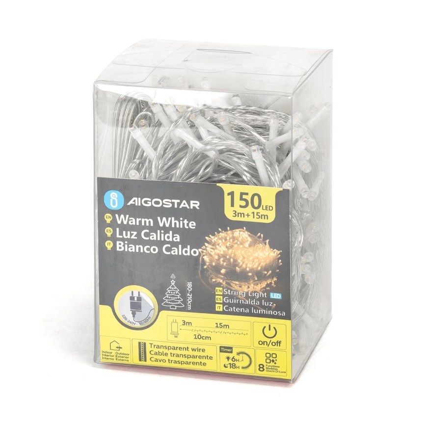 Aigostar - LED Ziemassvētku āra virtene 150xLED/8 funkcijas 18m IP44 silti balta