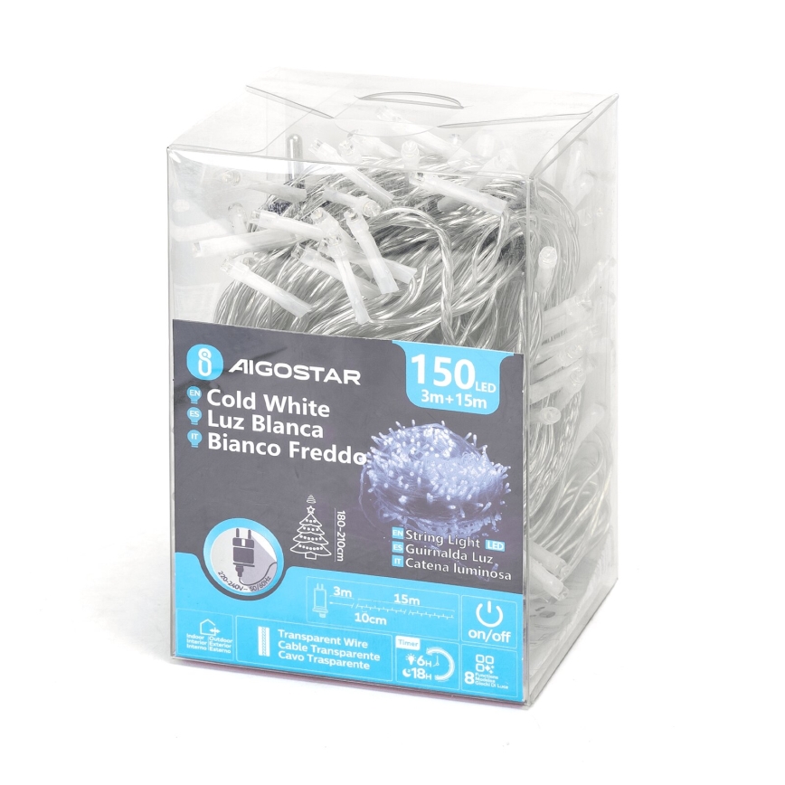 Aigostar - LED Ziemassvētku āra virtene 150xLED/8 funkcijas 18m IP44 vēsi balts