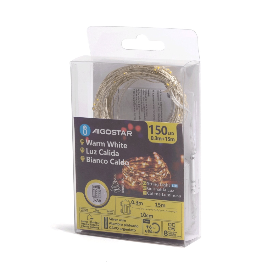 Aigostar -LED Ziemassvētku āra virtene 150xLED/8 funkcijas 3xAA 15,3m IP44 silti balta