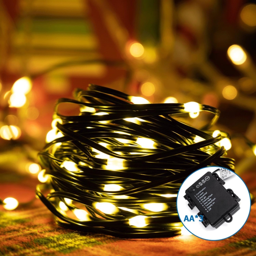 Aigostar -LED Ziemassvētku āra virtene 150xLED/8 funkcijas 3xAA 15,3m IP44 silti balta