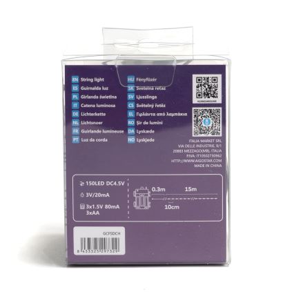 Aigostar -LED Ziemassvētku āra virtene 150xLED/8 funkcijas 3xAA 15,3m IP44 silti balta