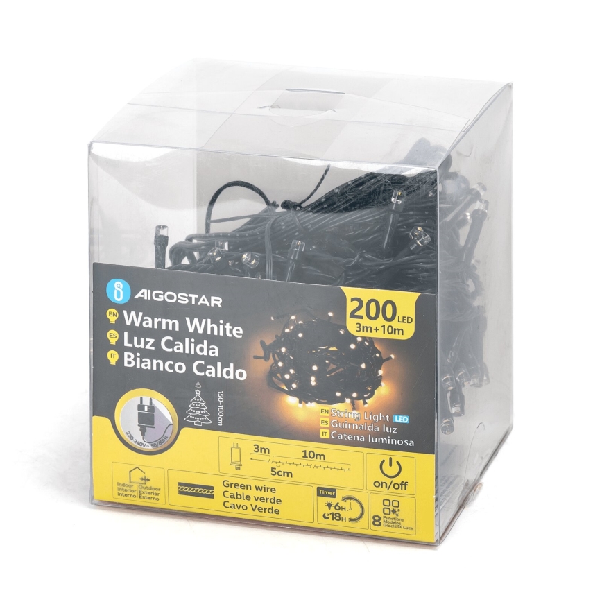 Aigostar - LED Ziemassvētku āra virtene 200xLED/8 funkcijas 13m IP44 silti balta