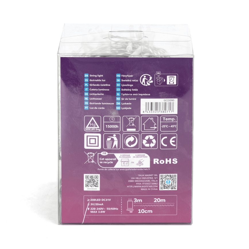 Aigostar - LED Ziemassvētku āra virtene 200xLED/8 funkcijas 23m IP44 vēsi balts